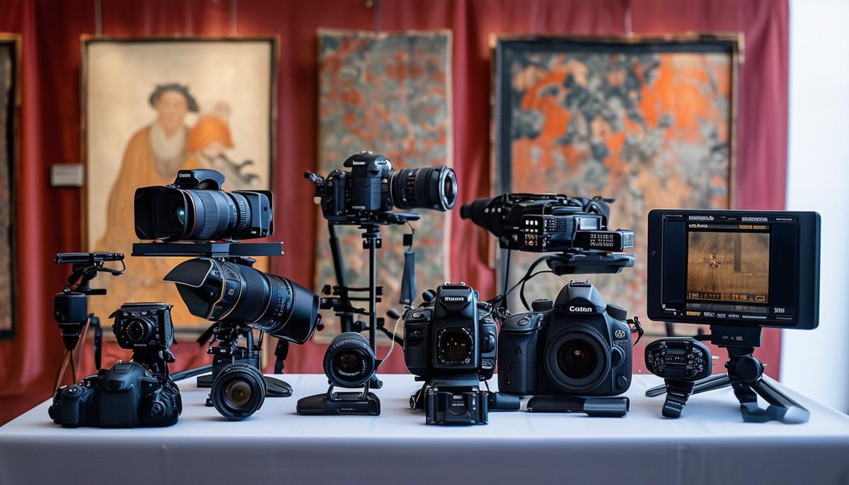 A display of professional photography equipment used for cultural event photography