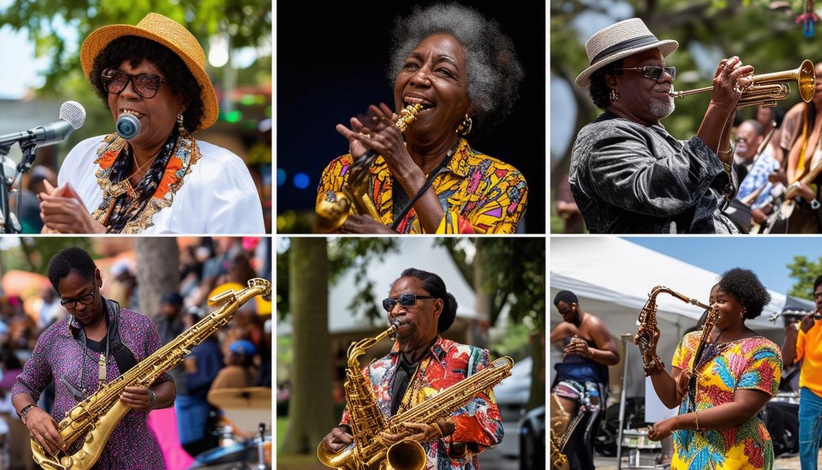 A collage of photographs from the Jazz in the Gardens festival, showcasing the vibrant African-American culture, community unity, and joyful moments captured by photographers, creating a lasting legacy for future generations