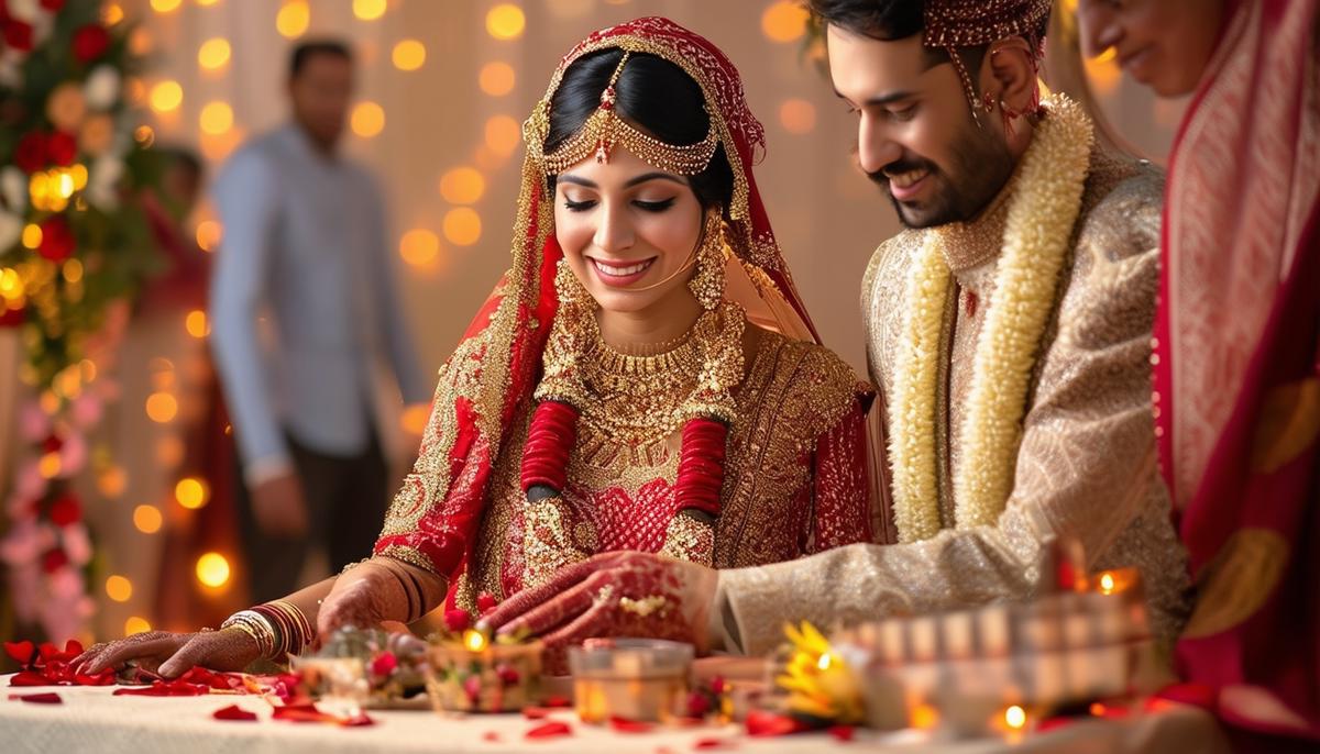 A wedding scene incorporating various cultural and personal elements, including traditional attire and meaningful objects