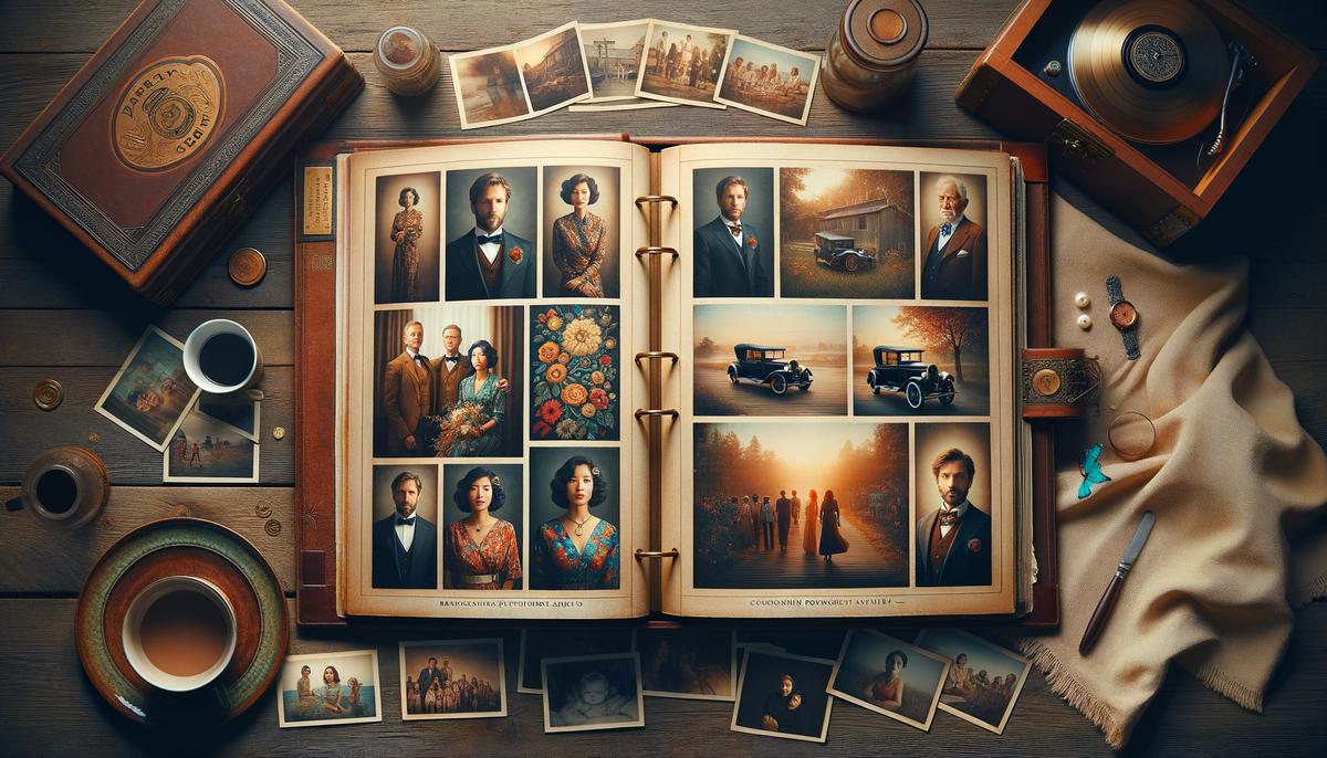 A beautifully designed custom portrait album lying open on a rustic wooden table. The album pages showcase a series of professional portraits, possibly telling the story of a family or individual. The scene suggests the value and importance of preserving memories through printed products.