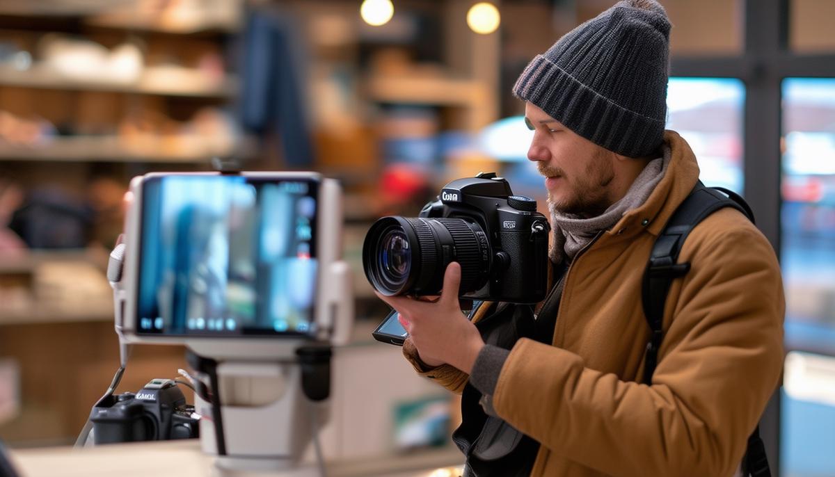Customer completing a camera rental transaction at a Denver rental location