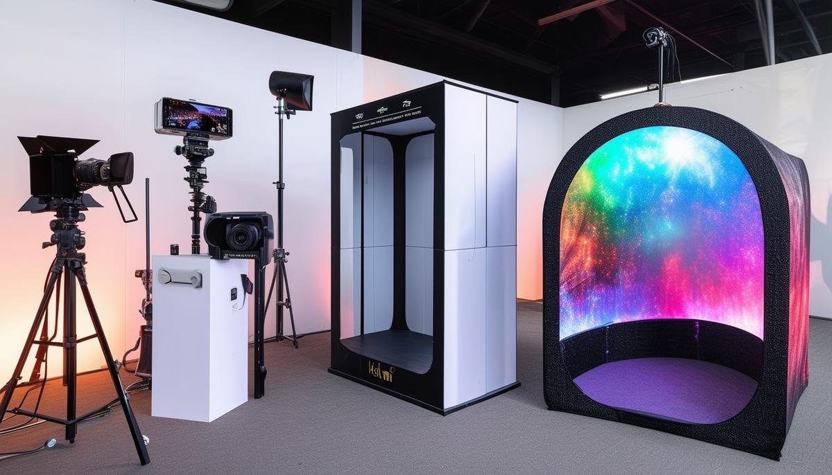 An array of innovative photography tools including a 360-degree video booth, an aura photography setup, and a modern open-air photo booth