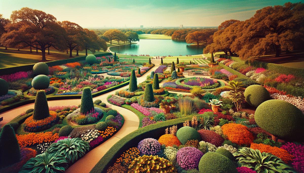 Vibrant flower beds and manicured gardens at the Dallas Arboretum with White Rock Lake in the background
