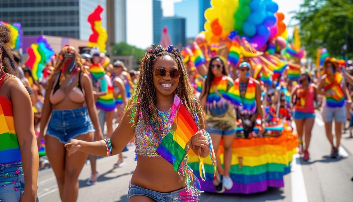 A colorful scene from the Dallas Pride parade with diverse participants and vibrant floats