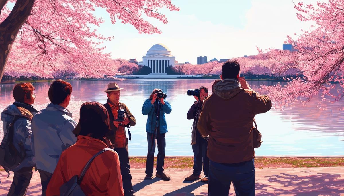 David Luria instructing a small group of photographers near the Tidal Basin during cherry blossom season