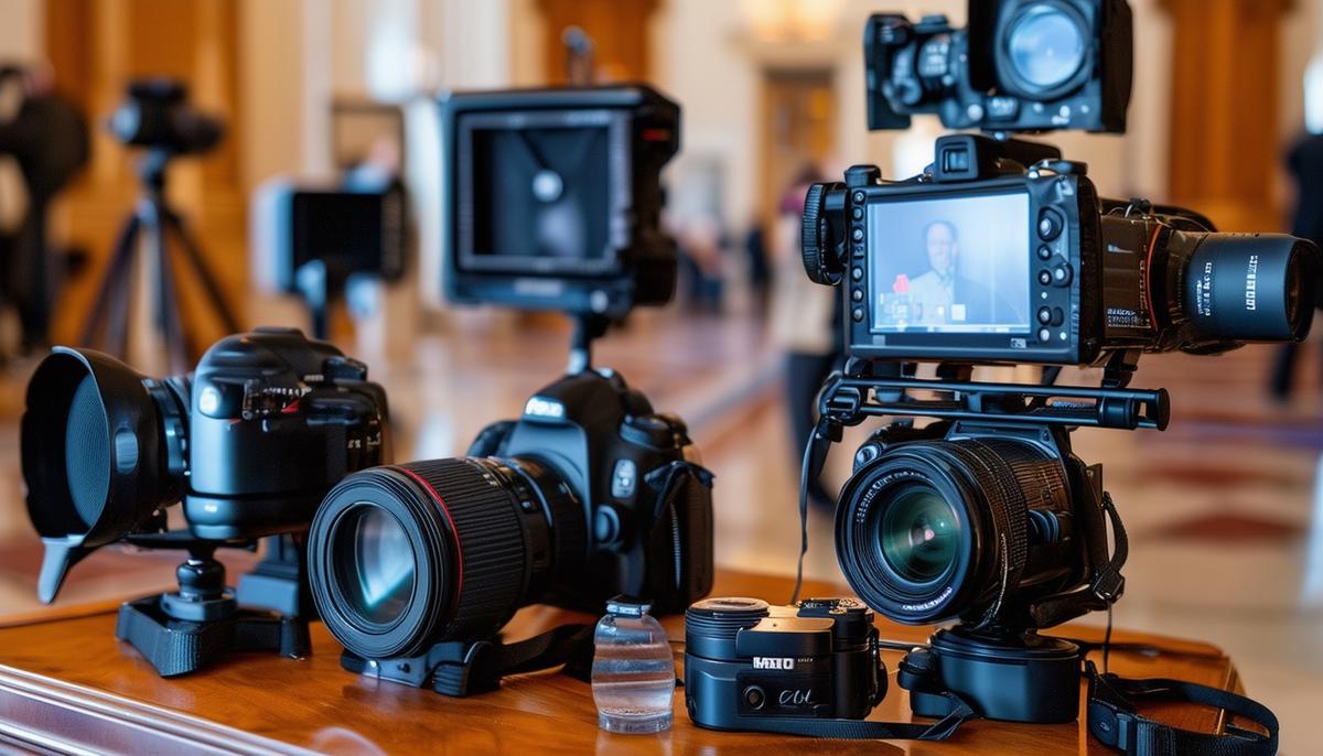 A display of professional photography equipment used by notable Washington, DC award ceremony photographers