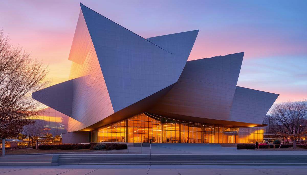 Exterior of Denver Art Museum's Hamilton Building at sunset, showcasing its unique angular architecture