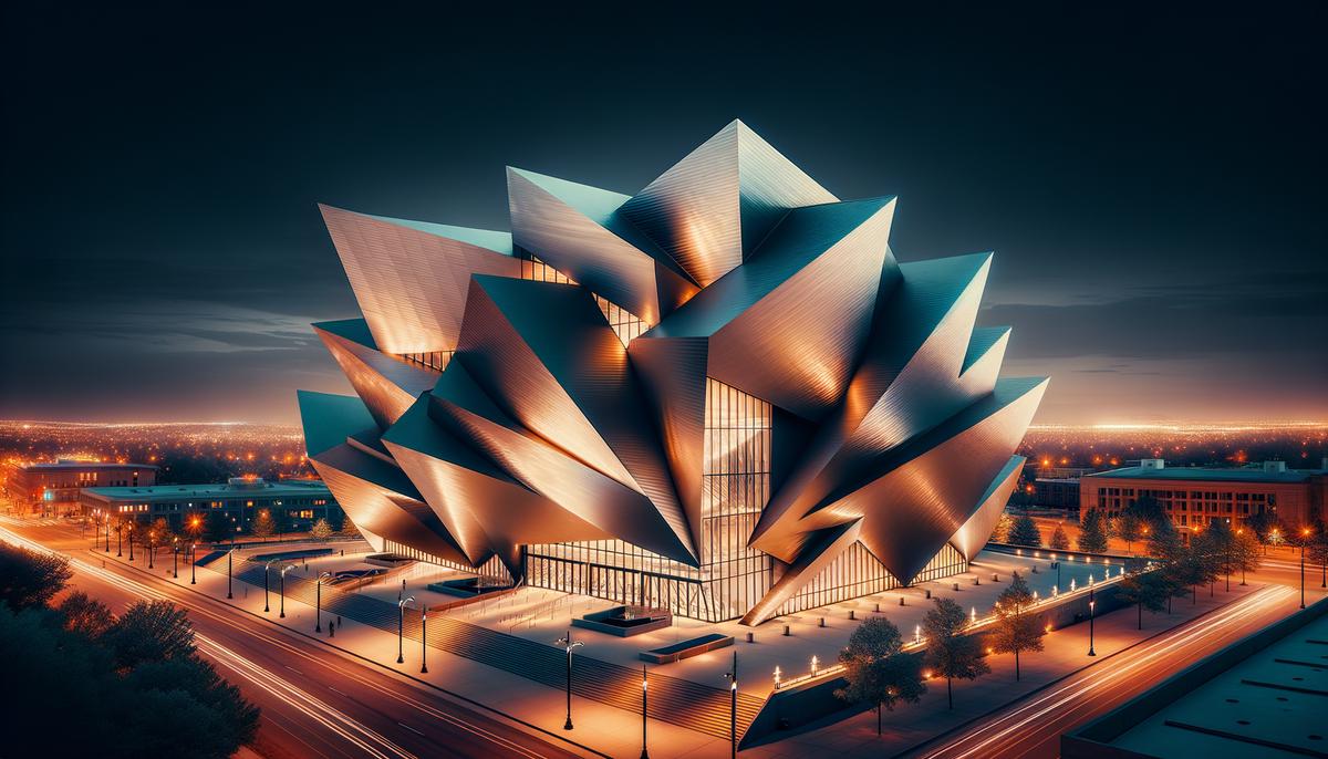 Denver Art Museum at night with its angular architecture illuminated against the dark sky