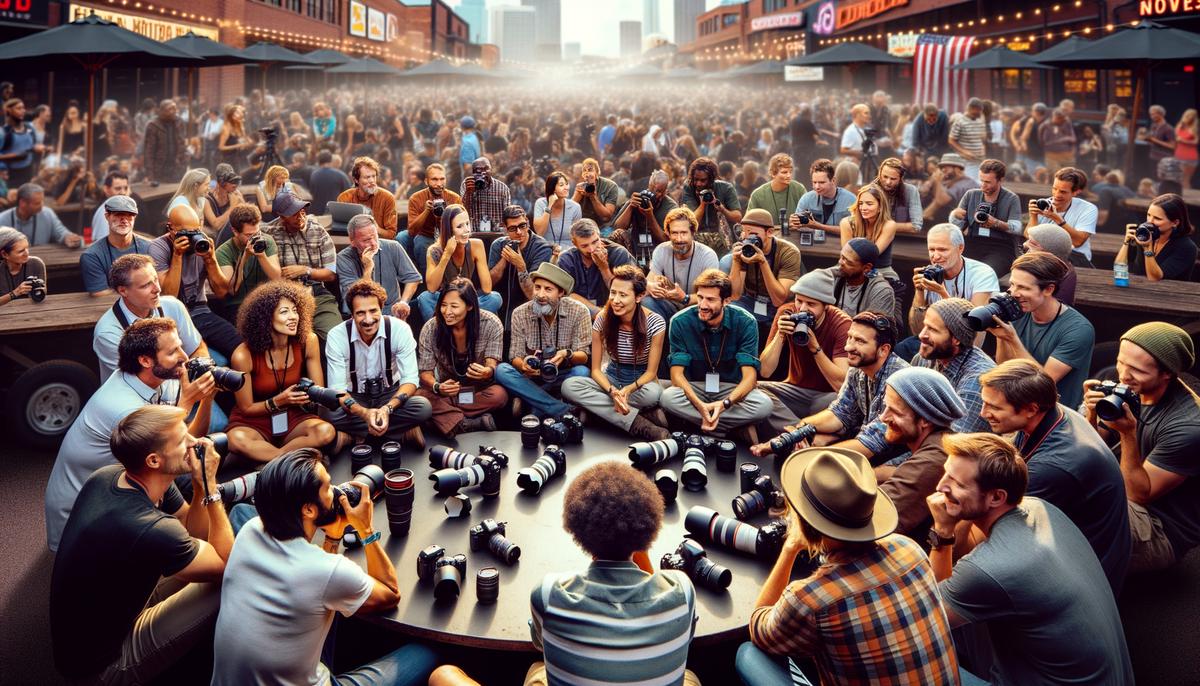 A group of diverse concert photographers networking and collaborating in Denver
