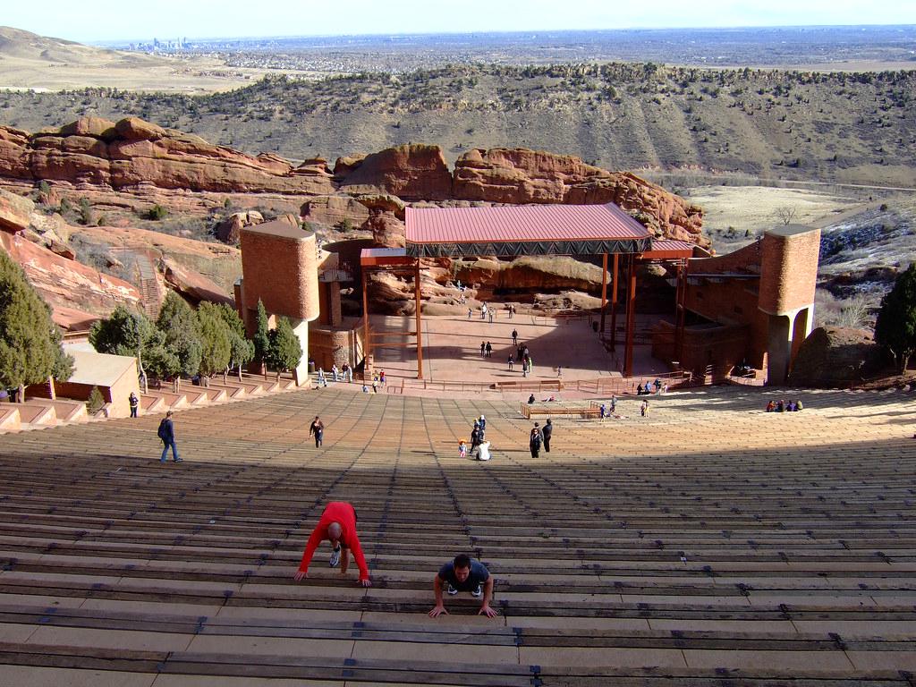 A collage of notable Denver concert venues including Red Rocks Amphitheatre