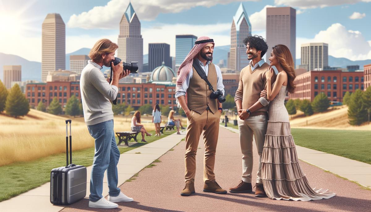 A Denver engagement photographer working with a couple in an outdoor setting