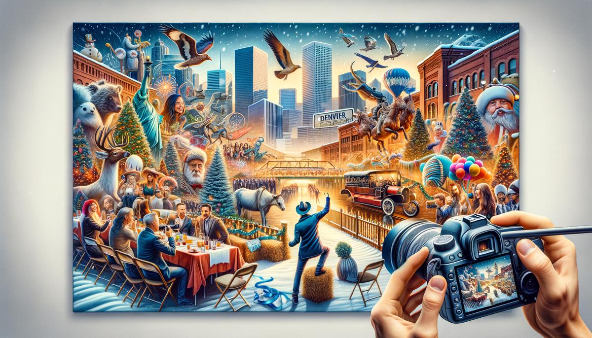 Composite image showing a Denver event photographer's diverse portfolio, featuring holiday celebrations, corporate events, and artistic shots of local landmarks