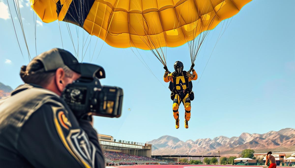 Derrick Tuskan photographing a Golden Knights parachutist at a sports event