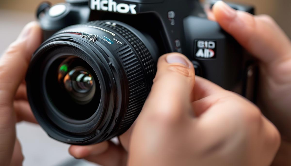A close-up of hands adjusting settings on a professional digital camera
