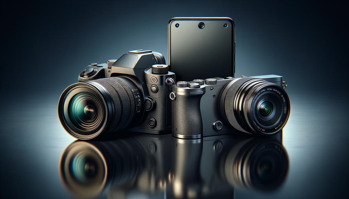 Three types of digital cameras: DSLR, mirrorless, and smartphone, displayed side by side