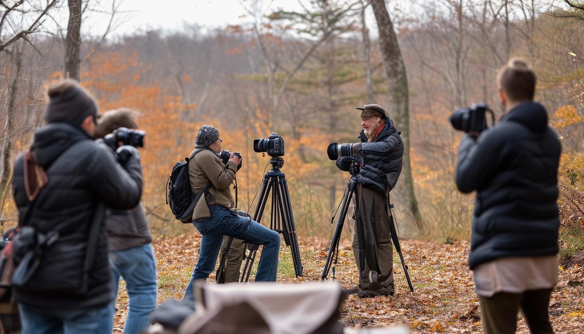 A small group of photographers attending a Digital Photo Academy workshop in New Jersey, learning from an experienced instructor in an outdoor setting.