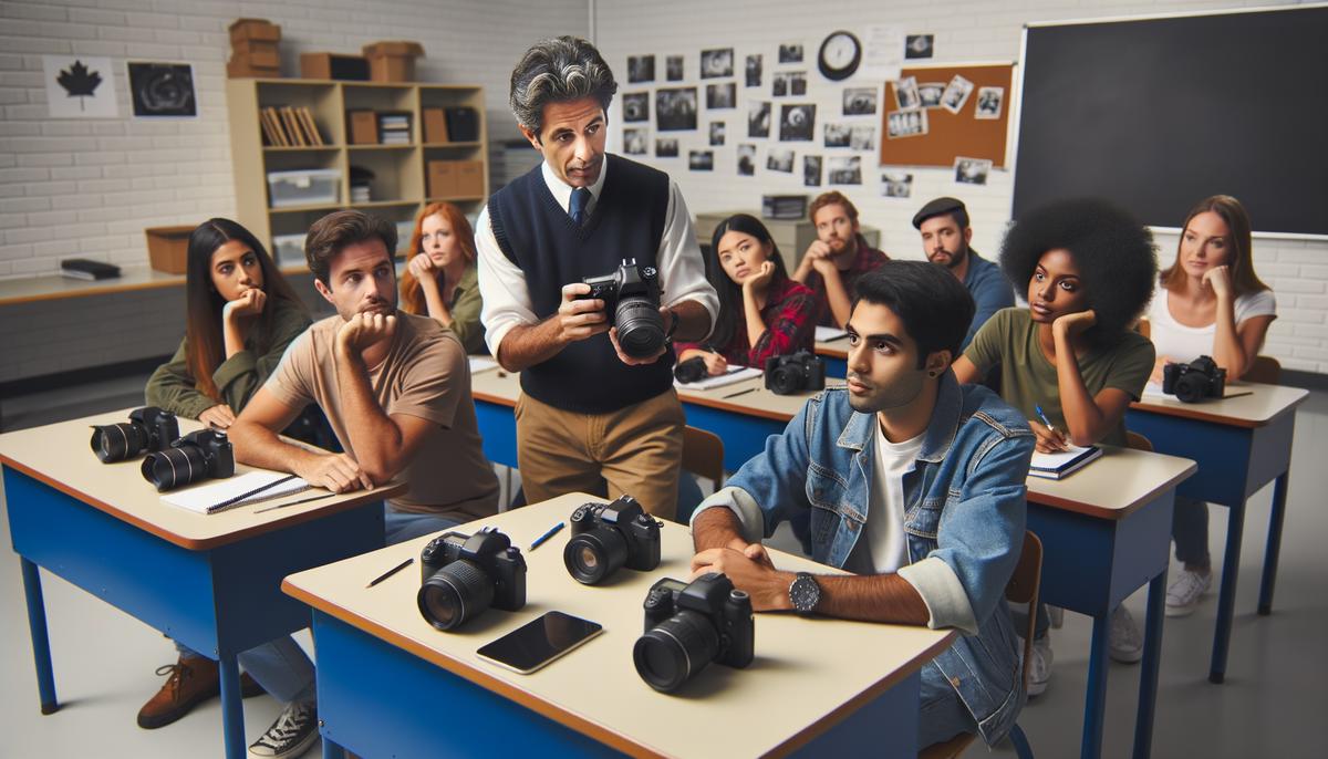 A photography instructor demonstrating camera settings to a diverse group of students in a classroom setting