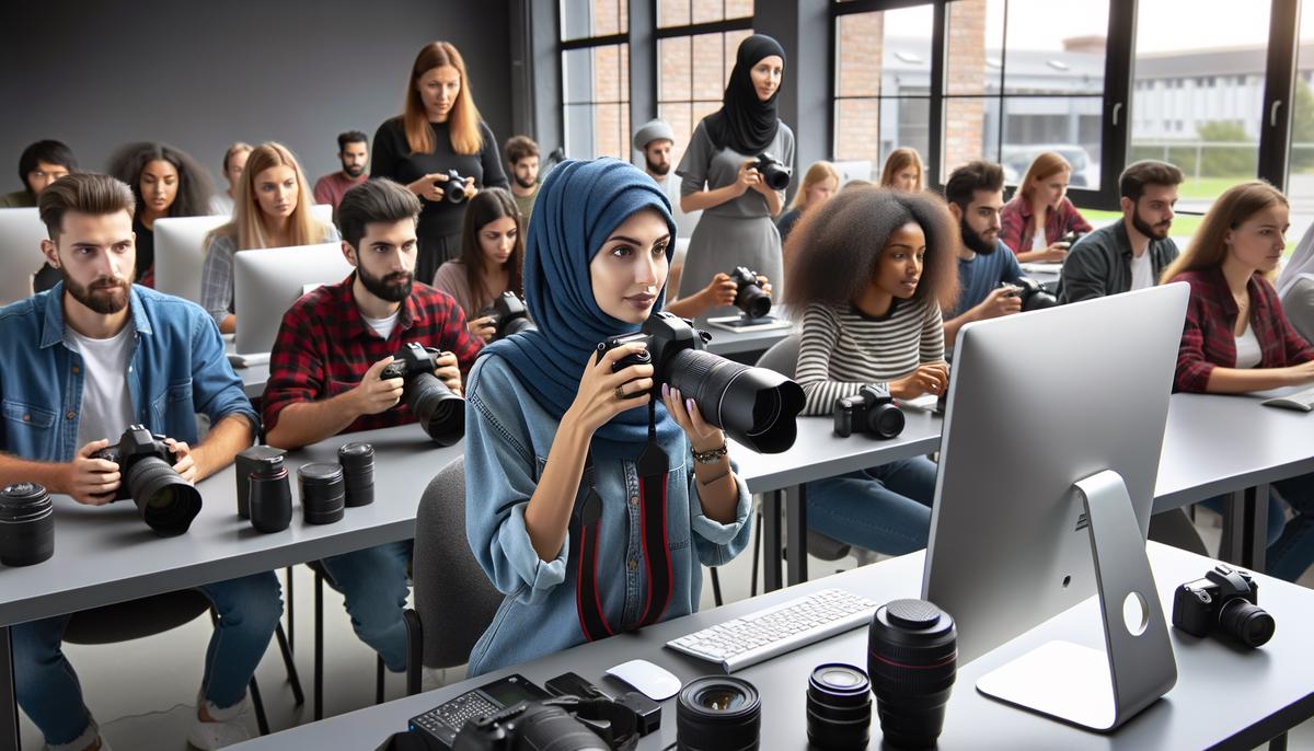 Students learning digital photography techniques with DSLRs and editing software