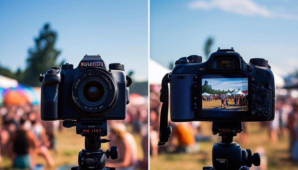 Comparison of film and digital photography equipment at a music festival