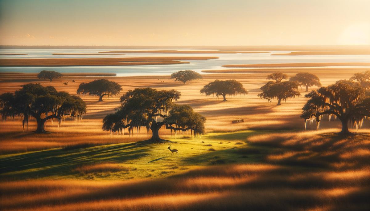 A panoramic view of Dinner Island Ranch showing serene grasslands and ancient oak trees at golden hour