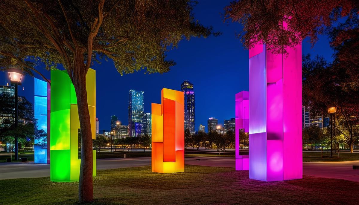 The Synchronicity of Color art installation by Margo Sawyer in Discovery Green, illuminated at night. The colorful geometric shapes glow brightly against the dark sky, with the Houston skyline visible in the background.