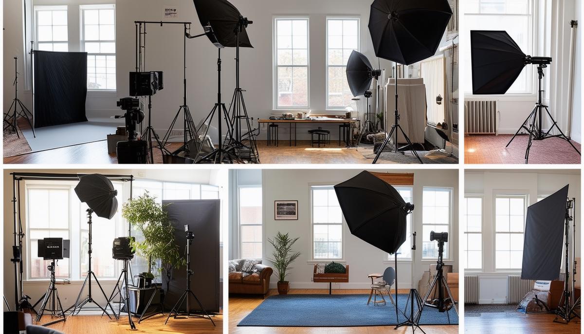 A collage showcasing different types of photography studios in Boston, from small intimate spaces to large commercial setups