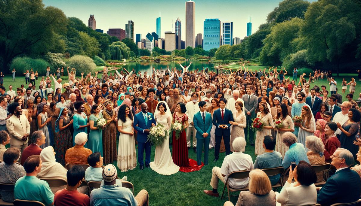 A multicultural wedding ceremony in a Chicago park with guests from various backgrounds