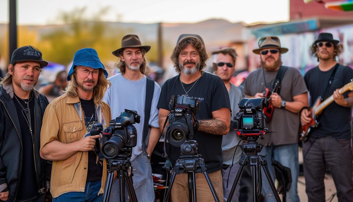 A group of diverse concert photographers with their equipment at various Albuquerque music venues