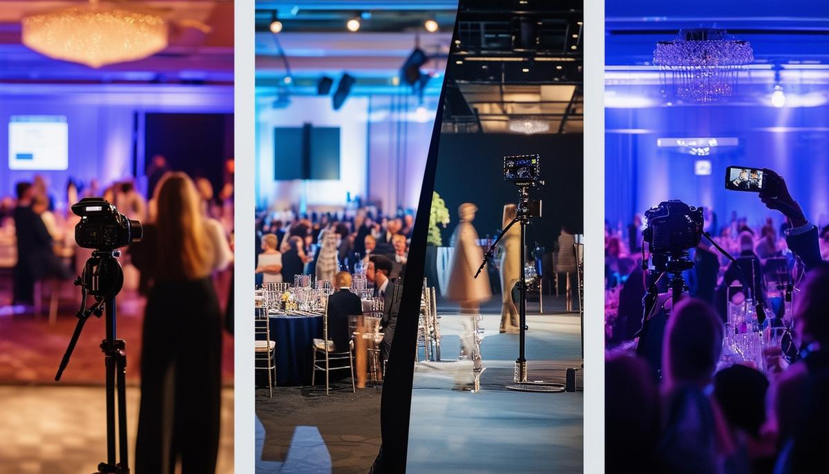 A split-screen image showing different types of corporate events being photographed