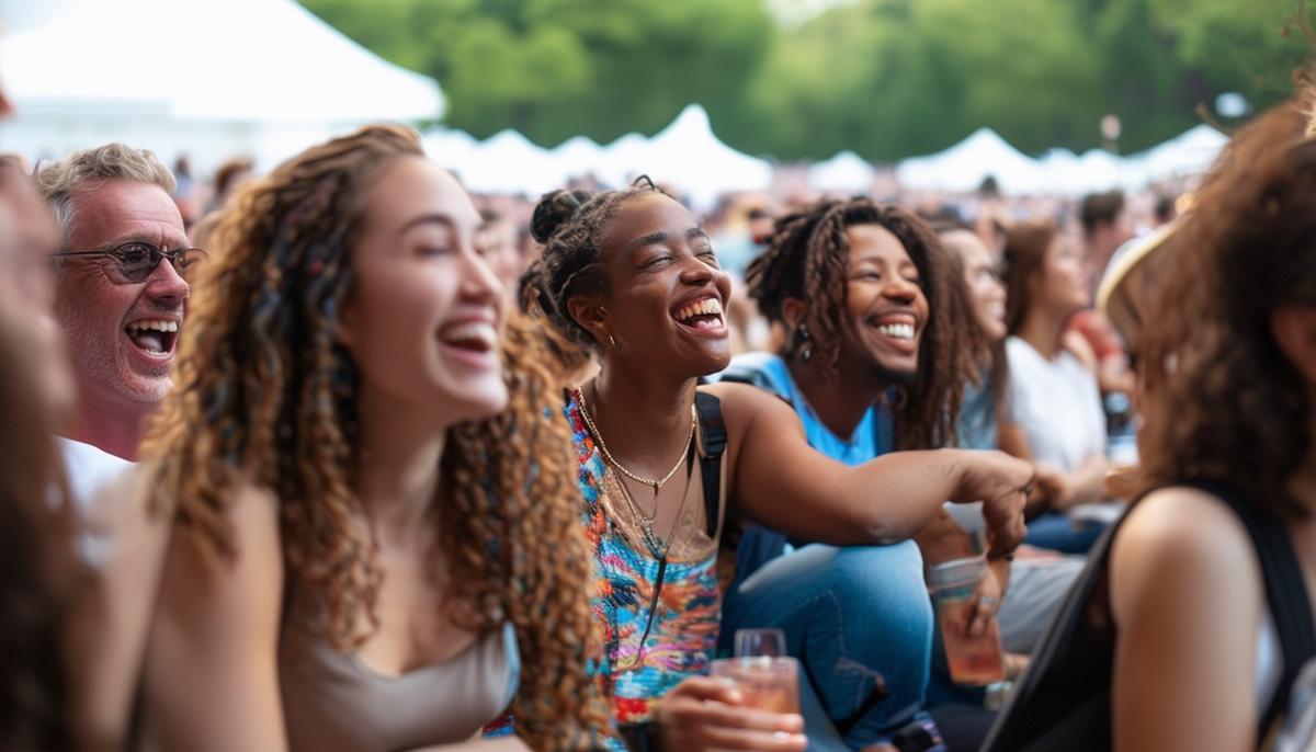 A diverse crowd enjoying an outdoor concert in Washington DC, with people smiling and interacting