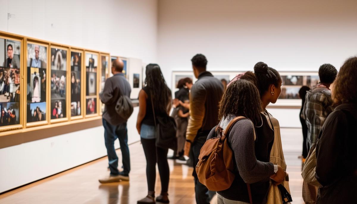 A diverse crowd of people viewing a photography exhibition at the Minneapolis Institute of Art