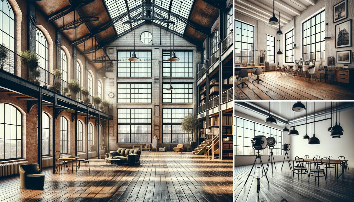 A collage showcasing different types of photo studios in Dallas, from industrial to vintage settings