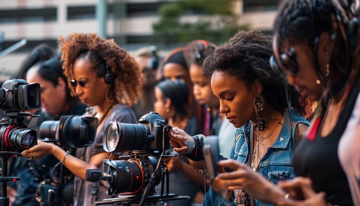 A diverse group of concert photographers, including women and people of color, preparing their equipment before a show