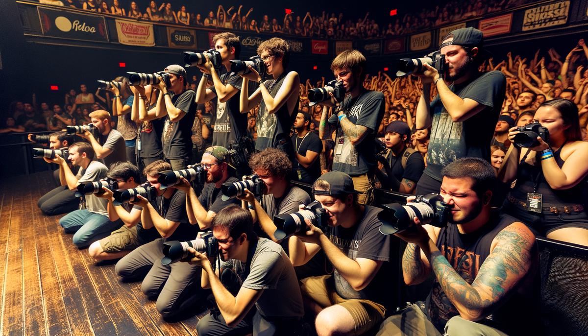 A diverse group of concert photographers with their cameras at an Atlanta music venue