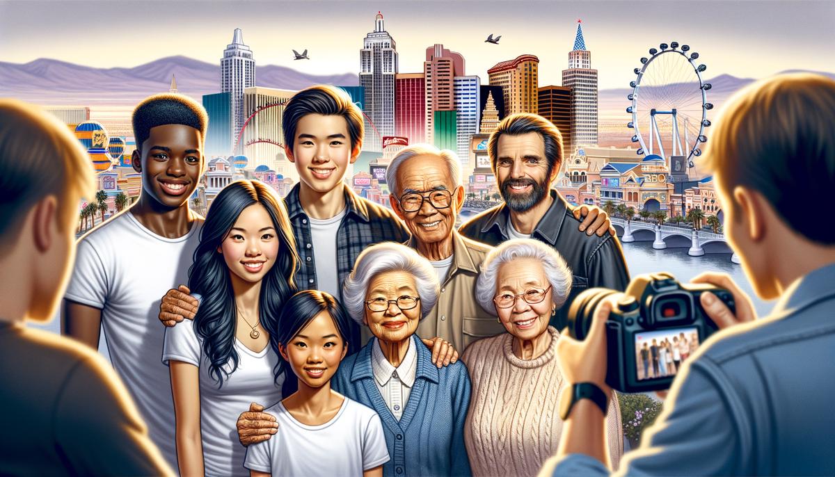 A diverse group of people, including different ages, ethnicities, and styles, being photographed by a professional photographer in an iconic Las Vegas setting, showcasing the variety of photography services available in the city.