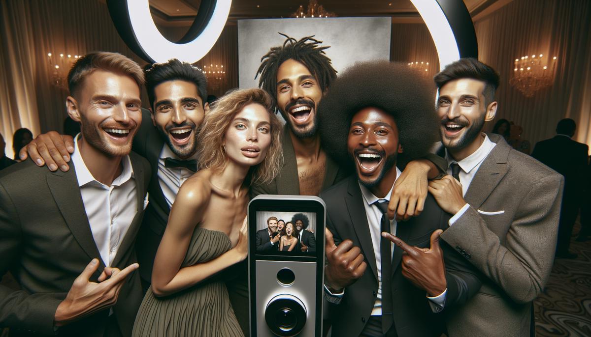 diverse group using photo booth