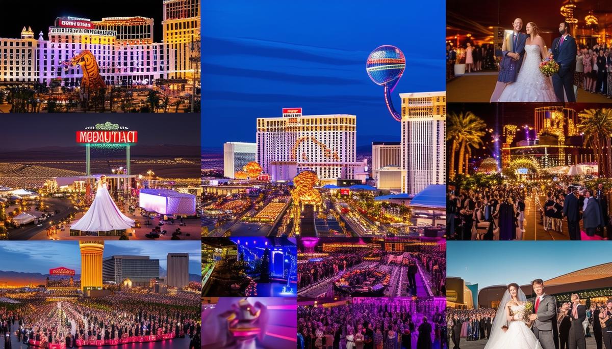 A collage of diverse Las Vegas events captured by skilled photographers, including trade shows, cultural festivals, sports events, and weddings, showcasing the adaptability of these visual storytellers.