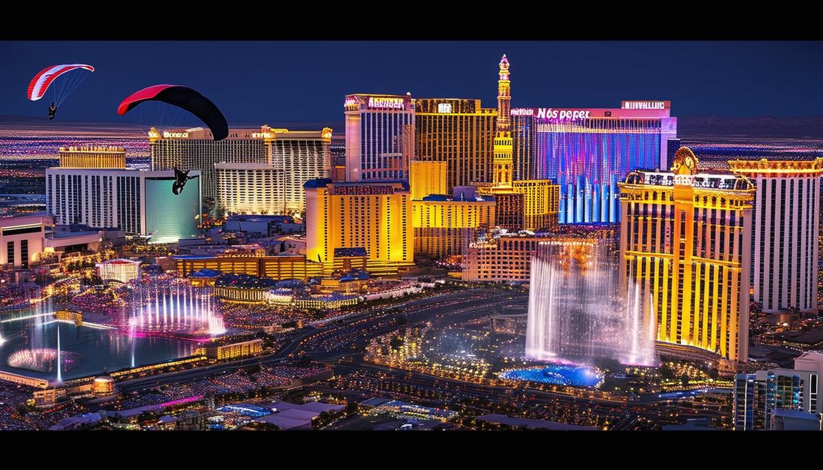 A montage showcasing the diverse range of sports and events covered by photographers in Las Vegas, from golf tournaments to high-octane races and daring skydiving competitions, set against the backdrop of the city's iconic skyline.