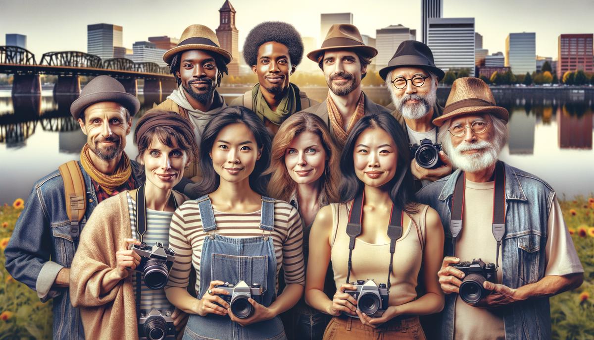 A group of diverse Portland photographers with their cameras and equipment