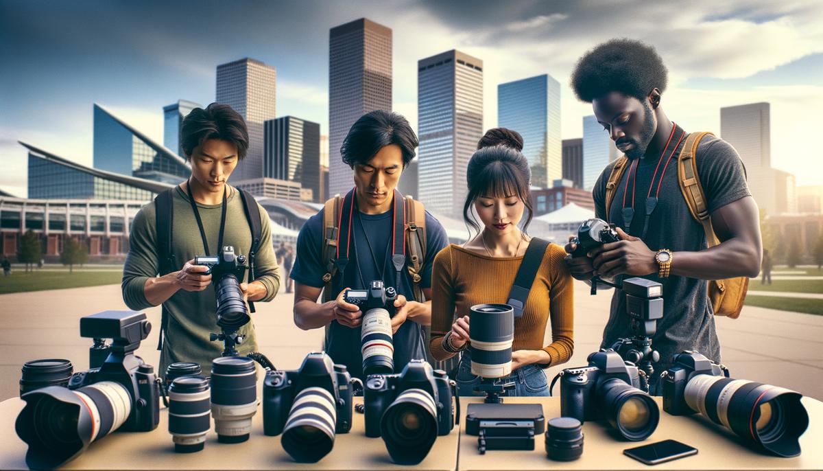 A group of diverse professional photographers in Denver preparing their equipment for a trade show