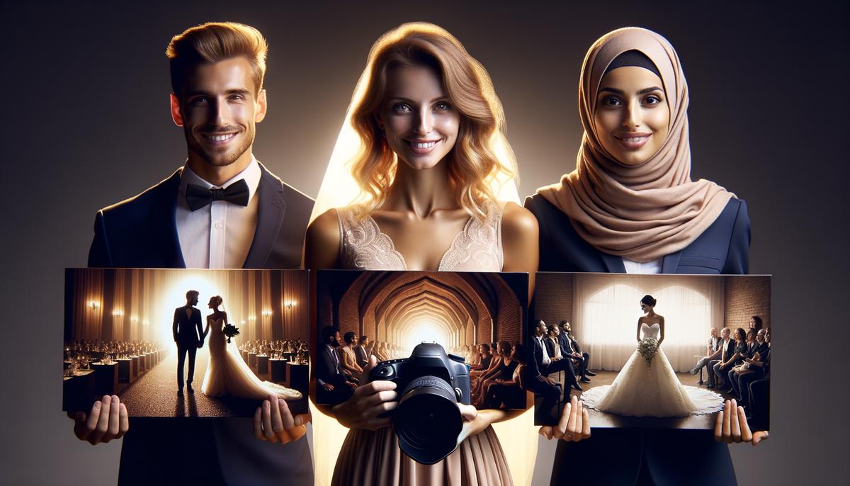 Three diverse wedding photographers showcasing their unique styles through sample wedding photos