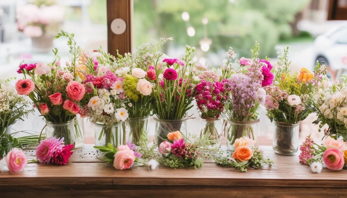 A DIY flower bar at a bridal shower with various blooms for guests to create personalized floral arrangements.