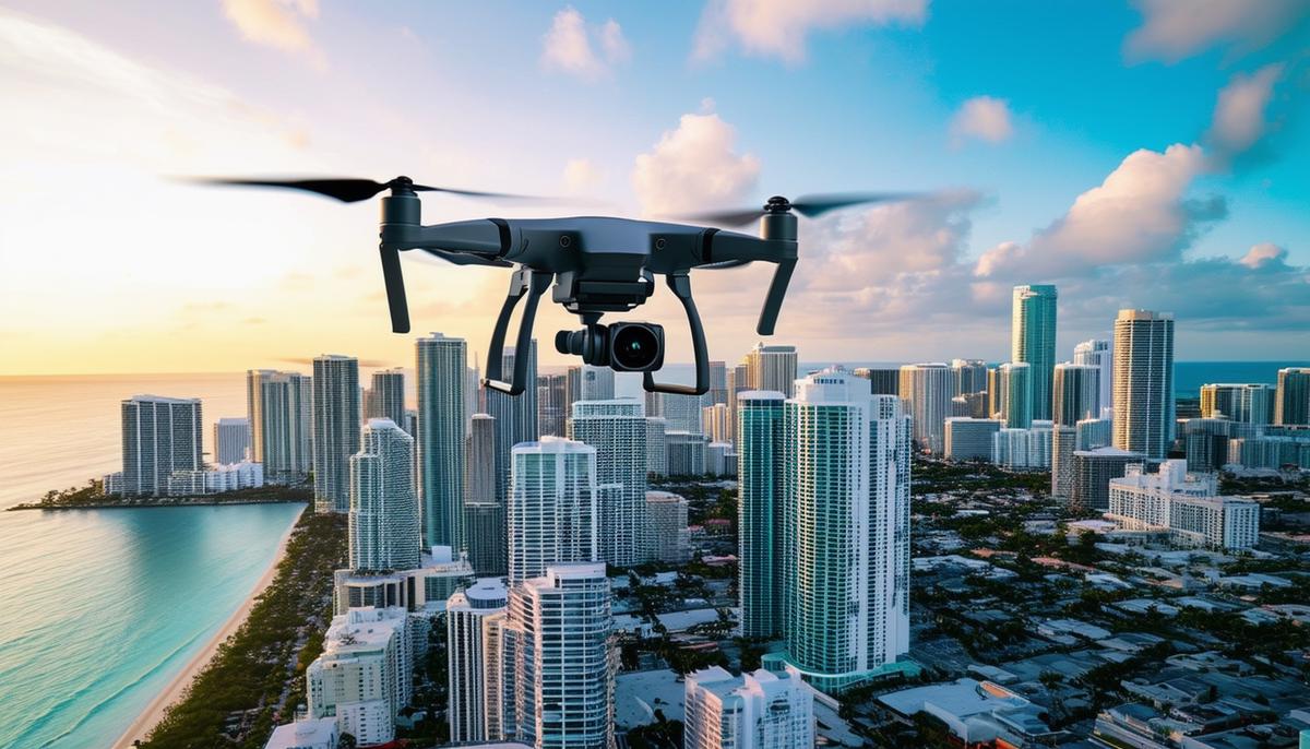A DJI Inspire 2 drone flying over the stunning Miami skyline, capturing breathtaking aerial footage of the city's iconic buildings and coastline