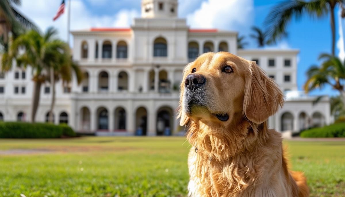 A golden retriever posing in front of the iconic Flagler Museum in Palm Beach