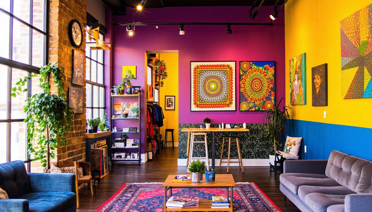 The vibrant interior of Double Take Photography studio in Pilsen, showcasing its artistic decor and community-focused atmosphere