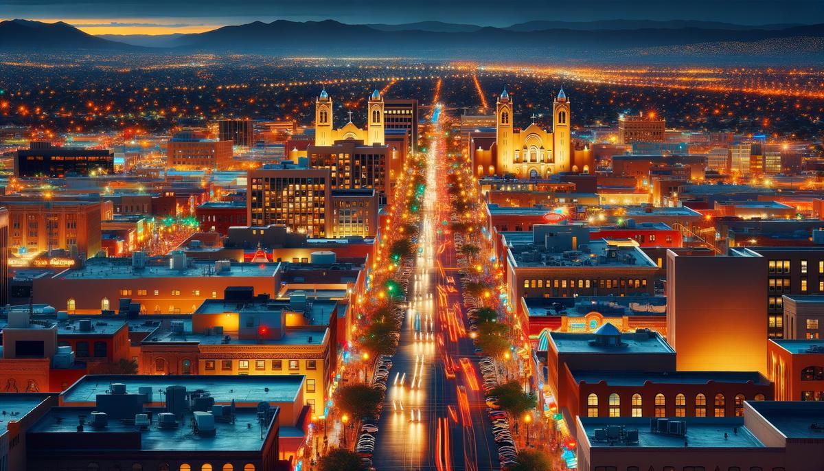 Aerial view of Downtown Albuquerque at night, with glittering city lights and major landmarks visible