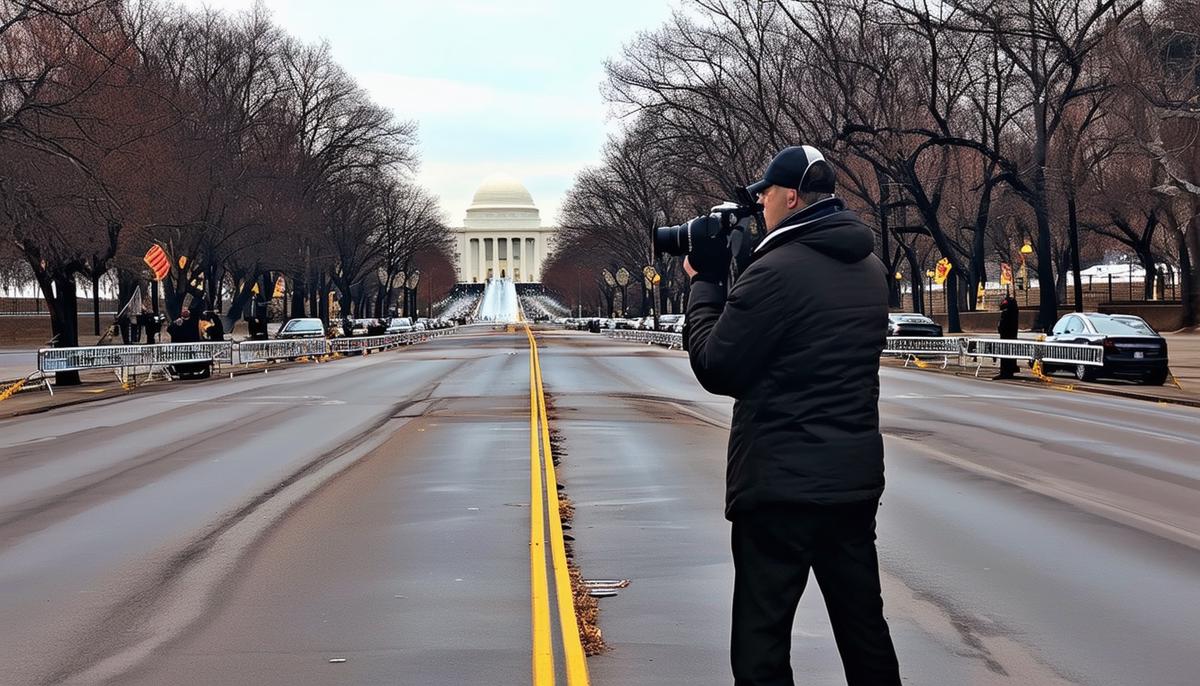 Devin Doyle photographing an empty Washington D.C. street during Biden's inauguration, with security barriers visible