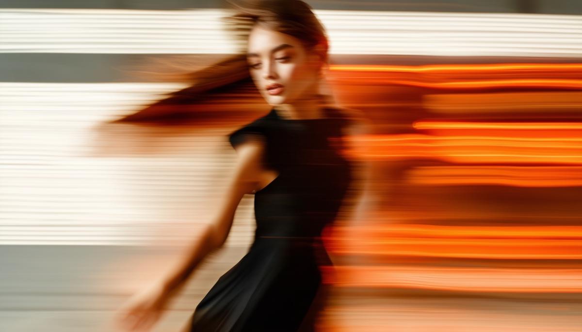 A fashion photograph demonstrating the dragging the shutter technique, showing a model in motion with a blurred background