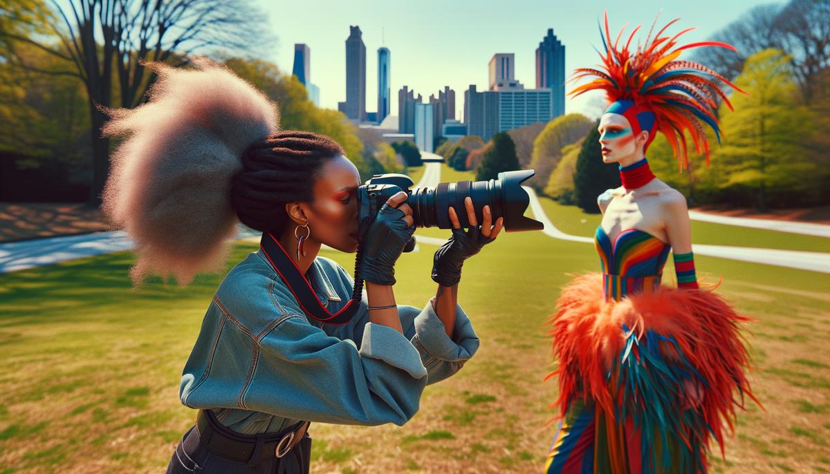Drea Nicole, a prominent Atlanta fashion photographer, in action during a vibrant outdoor photo shoot