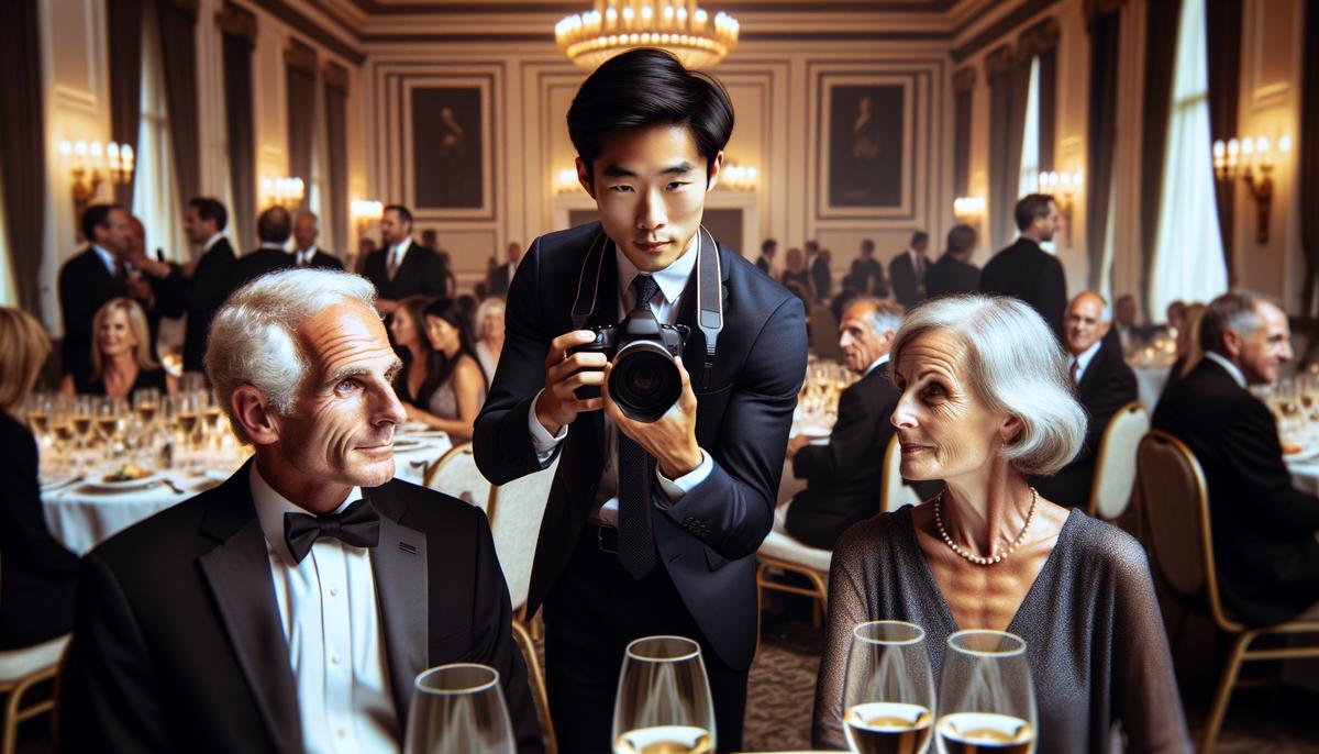 Drew Bird, an experienced professional photographer, capturing an intimate, authentic moment between attendees at a gala event, showcasing his journalistic photography style and ability to document the essence of the occasion.